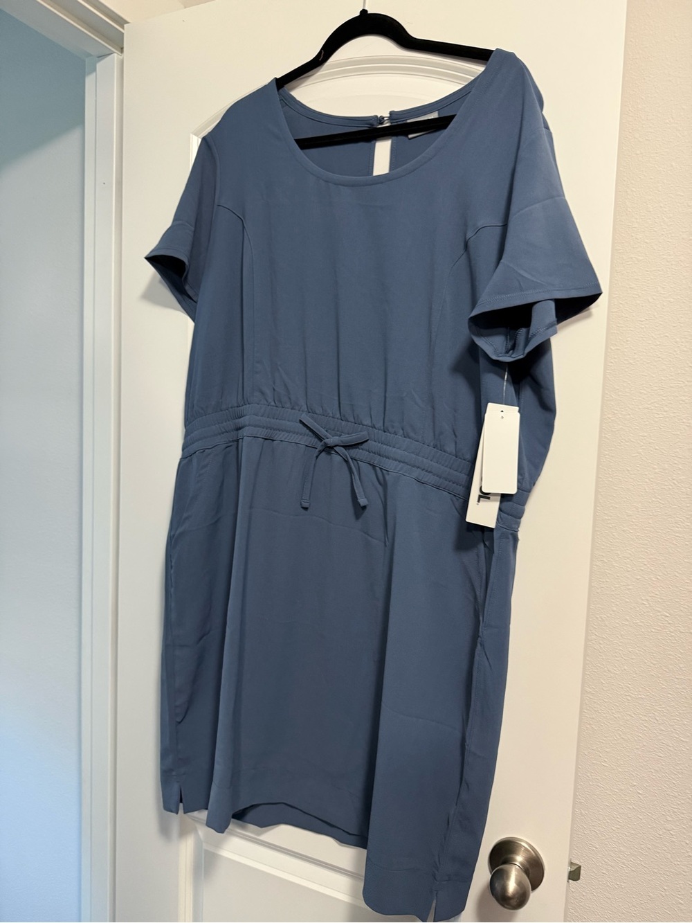 32 Degrees Slate Blue Short Sleeve Drawstring Midi Dress